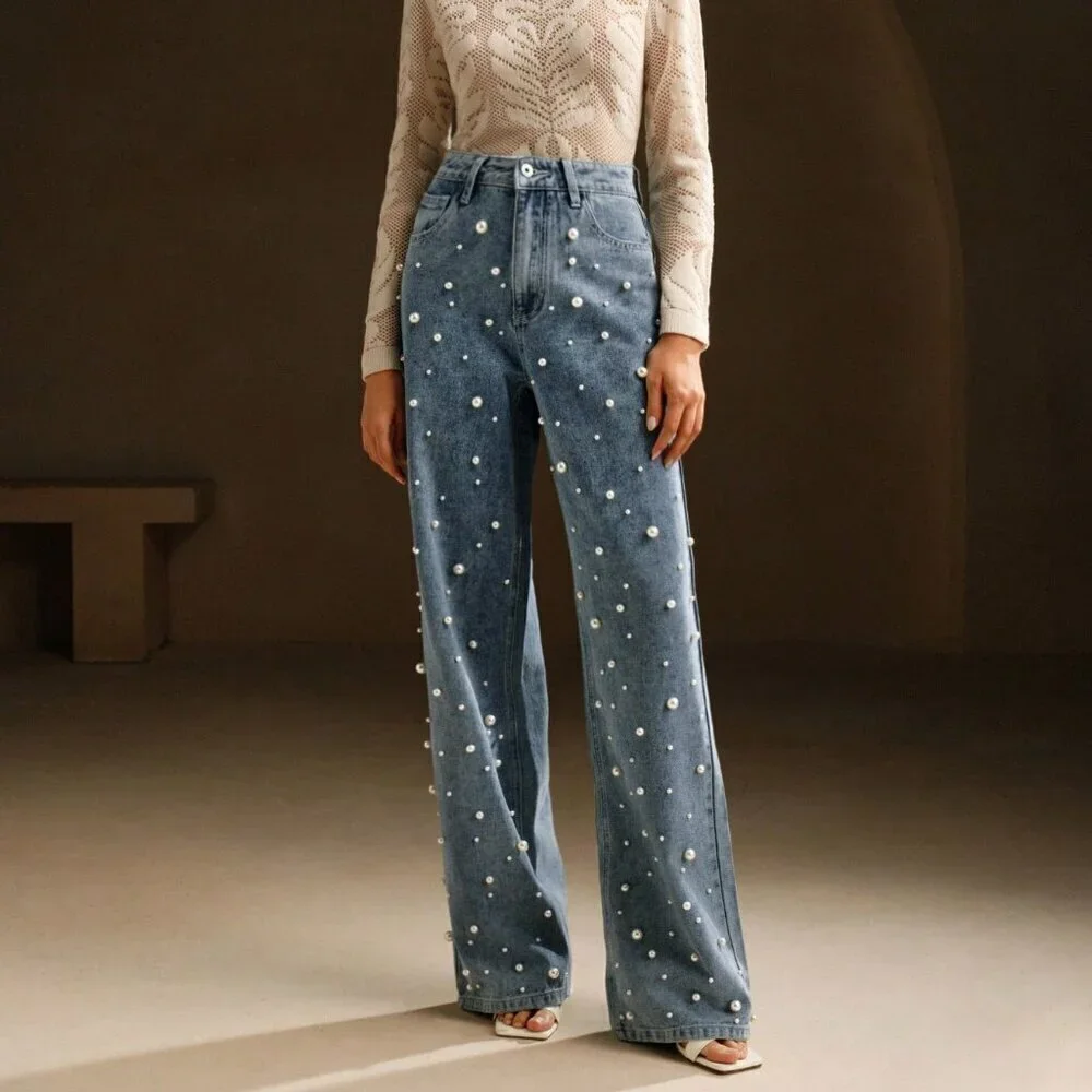 Blue Casual Women's High Waist Pearl Embellished Straight Loose Wide Leg Jeans